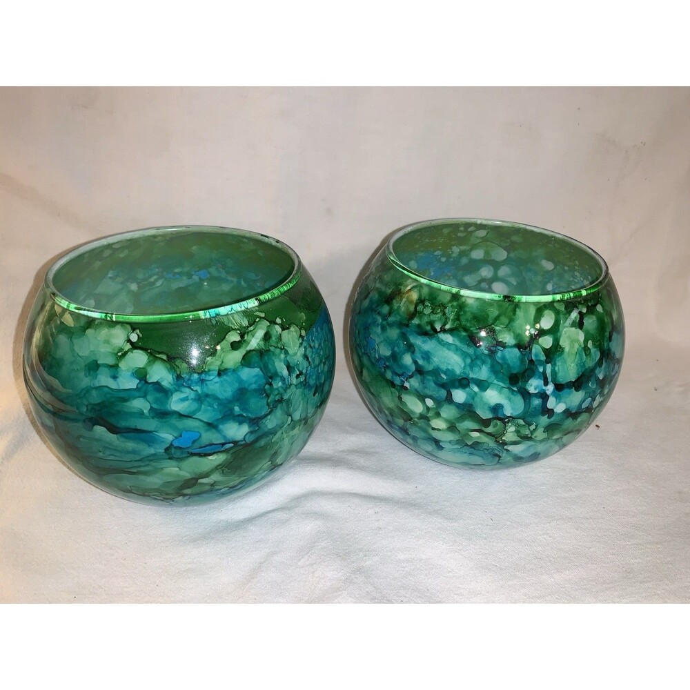 Pair (2)Hand Blown Painted Glass Bowls/Vase Green Blue Gold Tropical 6”D 6”H EUC